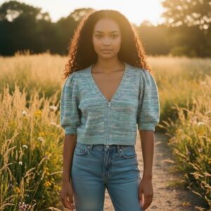 NWT New 525 America Puff Short Sleeve Entrelac Knit Cardigan Size M